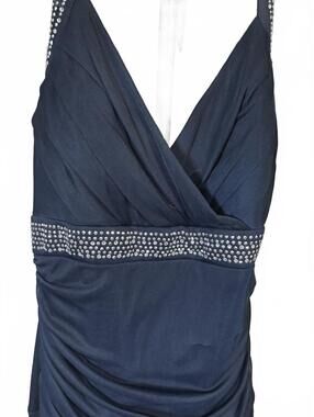 Elegant Navy Blue Evening Dress with Rhinestone Accents